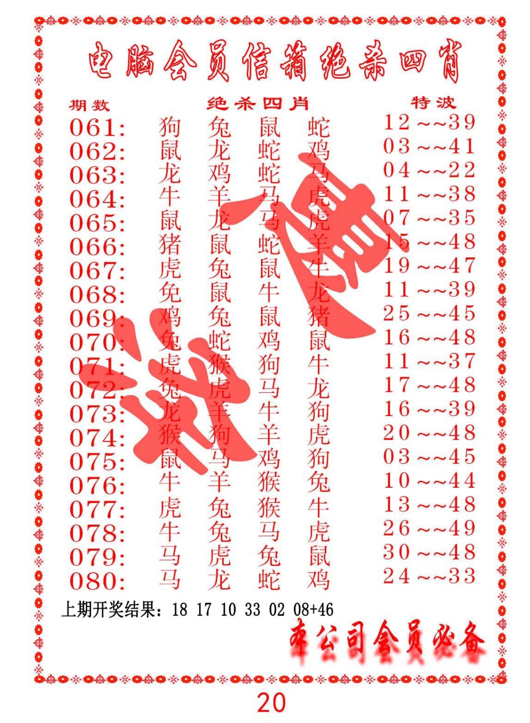 079期电脑会员-绝杀四肖[图]